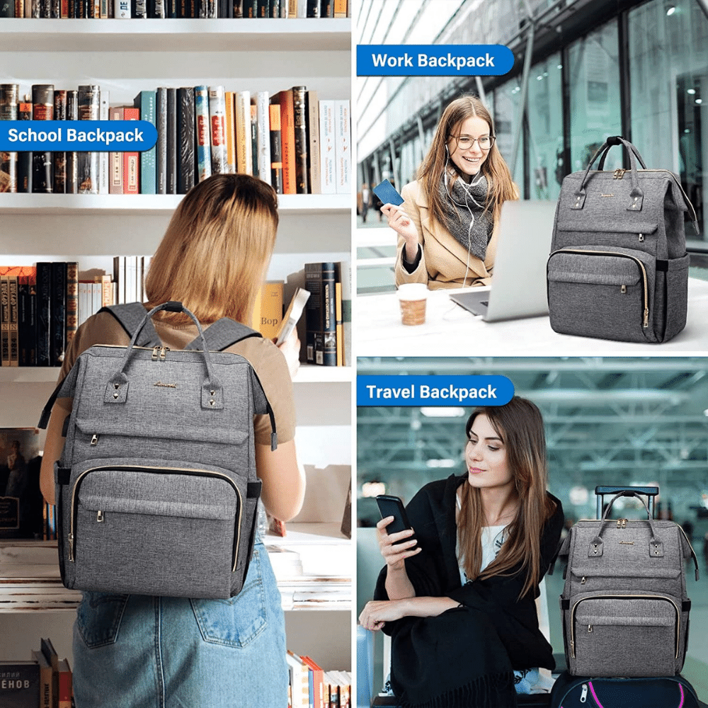 A grey nurse backpack is shown with someone travelling, at work and at school