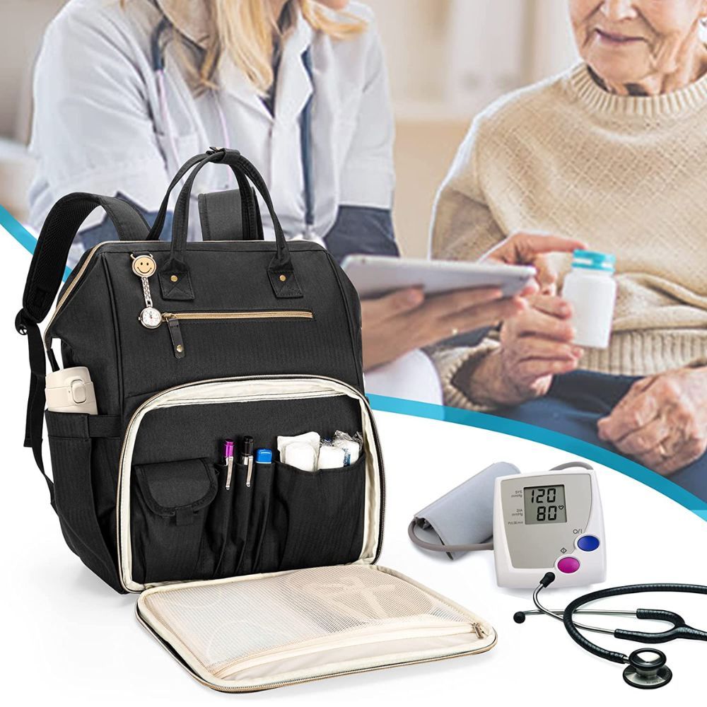 In Home Nurse Visiting Patient with a TruNab nurse backpack. It's a great first responder bag.