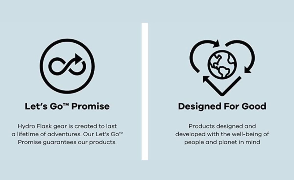Hydro Flask icons for their "Let's Go" Promise and Designed for Good with the well being of people and planet in mind.