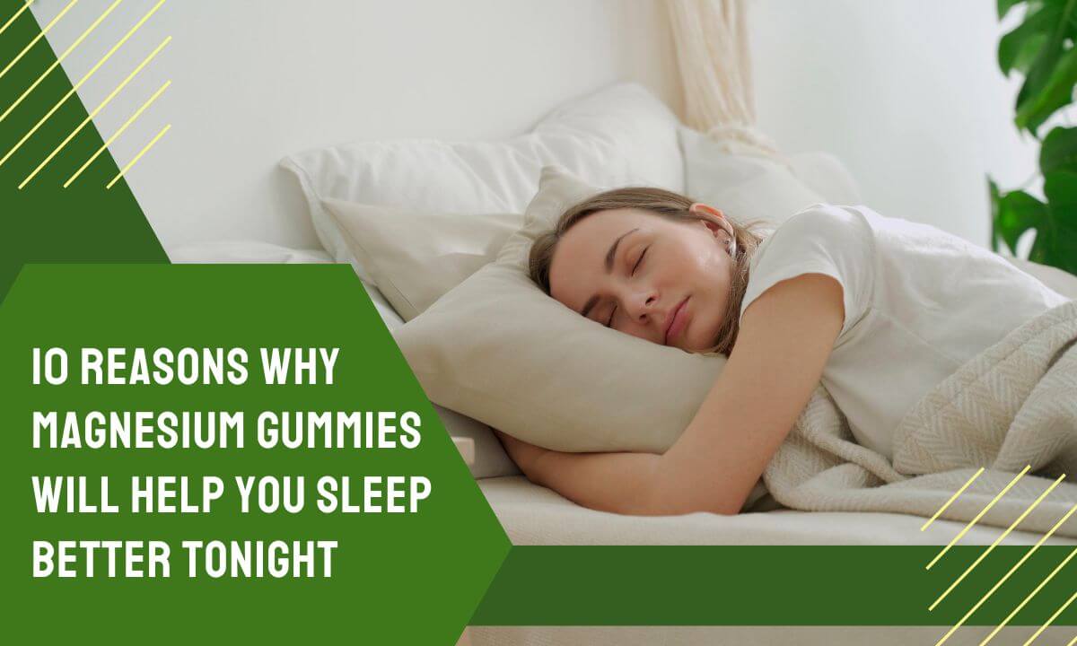 Woman Sleeping Comfortably in Healthy Green Setting with Caption 10 Reasons Why Magnesium Gummies Will Helps you Sleep Better Tonight