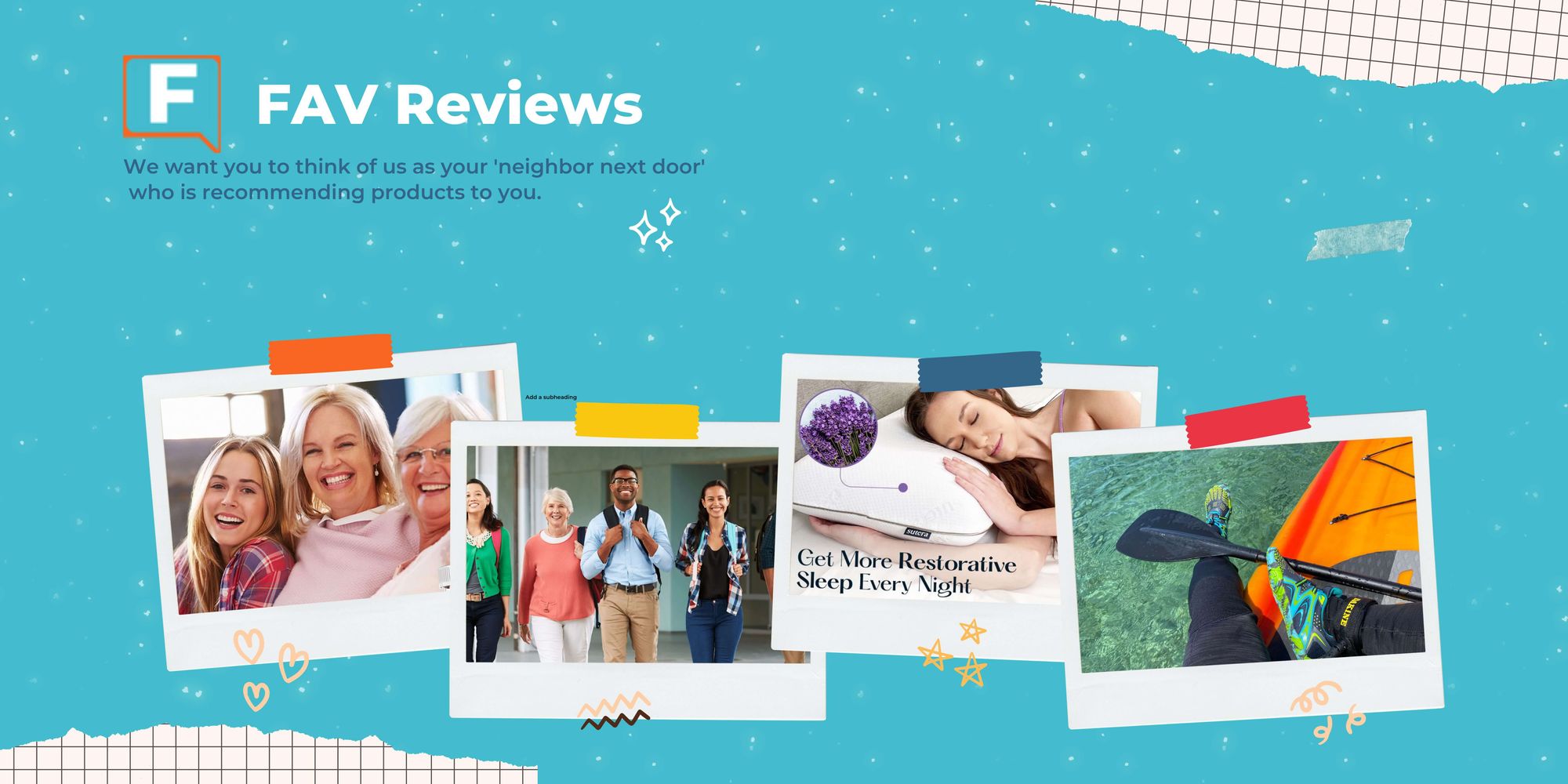 FAV Reviews | snapshots of happy 3 generation family, teachers with backpacks, lavender pillow and kayaking with water shoes and paddle on the lake