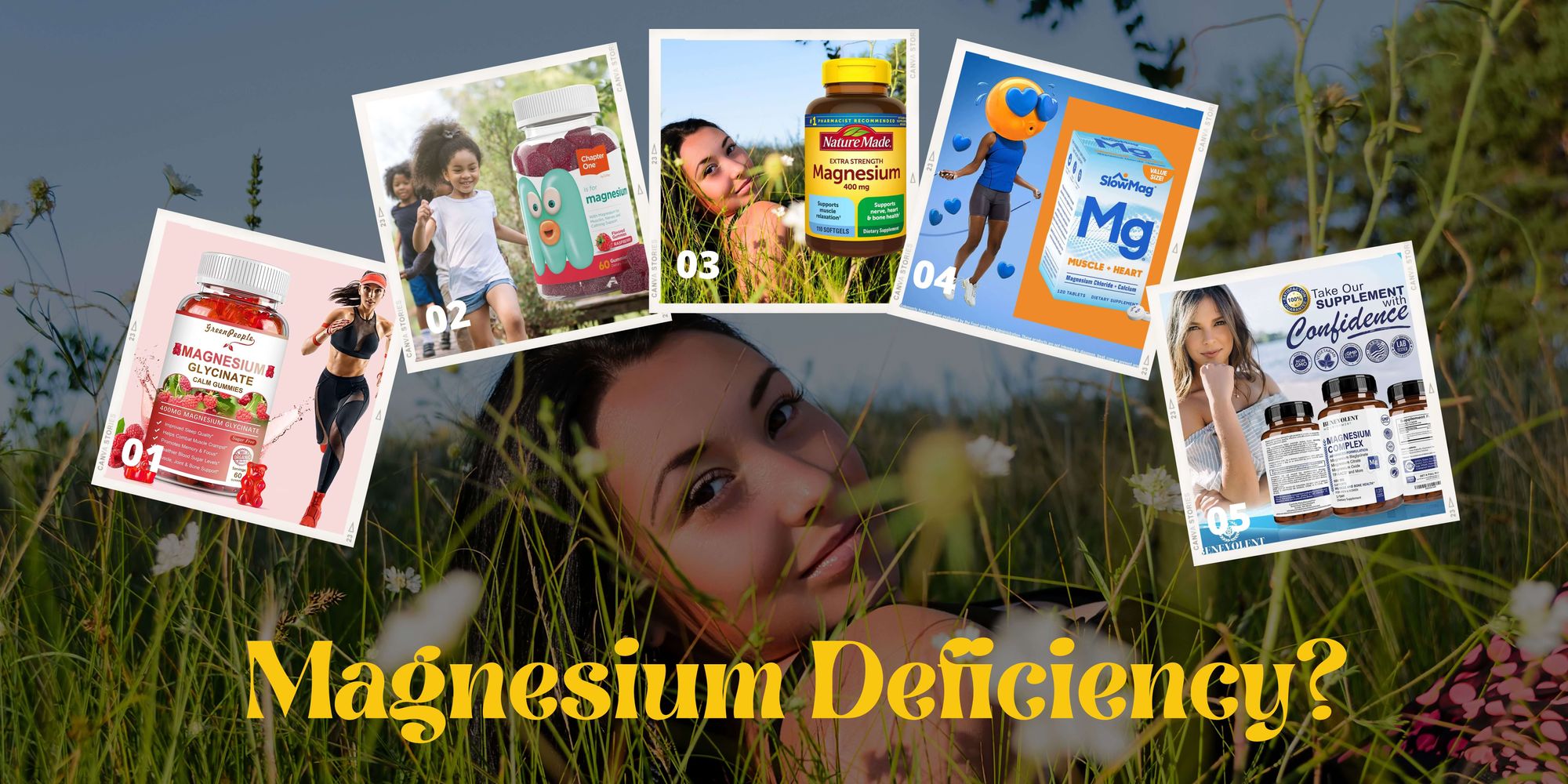 Healthy Woman in Field with 5 Magnesium Supplements to Improve a Magnesium Deficiency