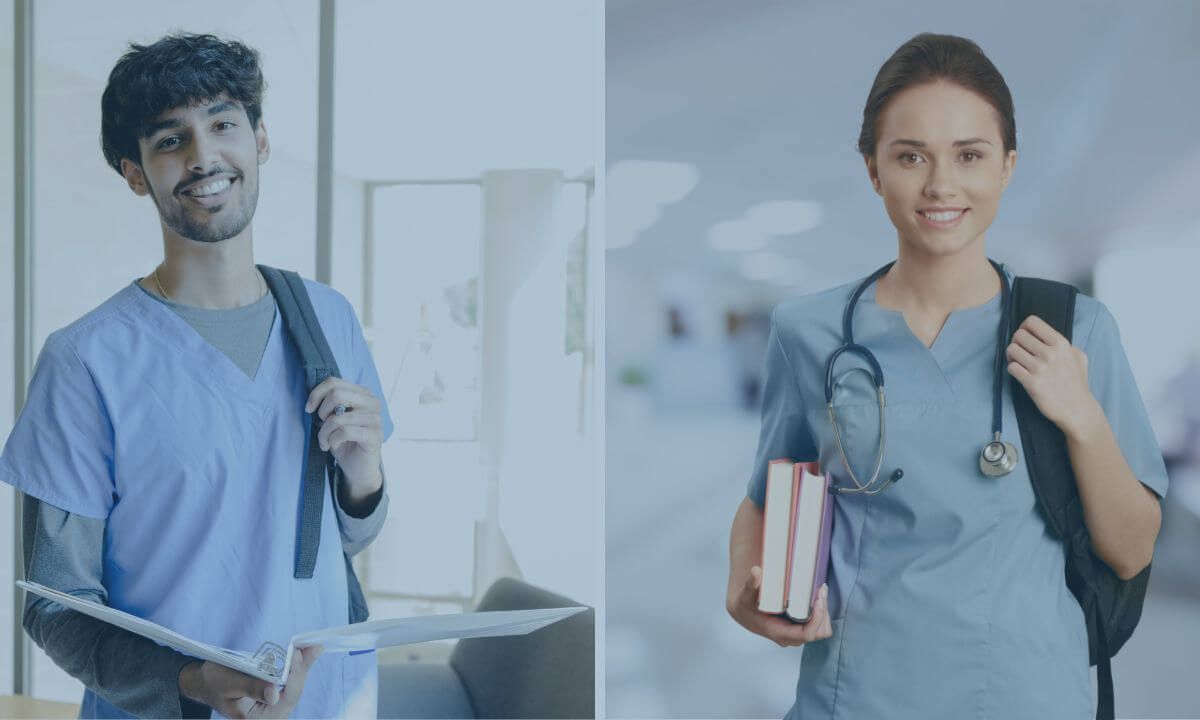 Two nurses with books, one with a nurse backpack and one with a nursing school bag