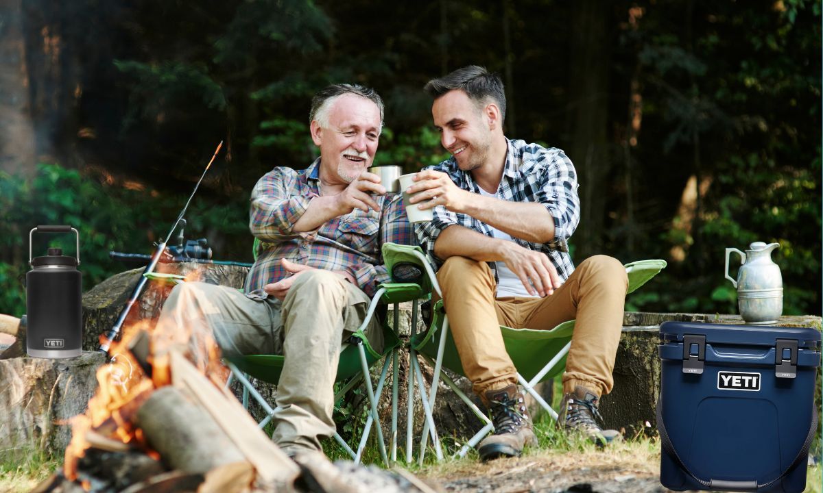 Father and Son by campfire after day of fishing. YETI outdoor living.