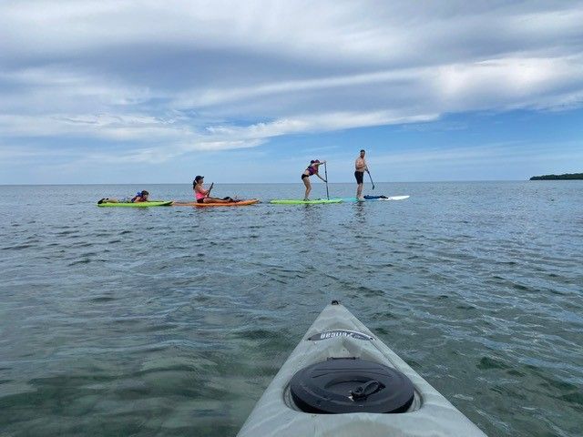 Beginner paddle boarding and kayaking, a family outing