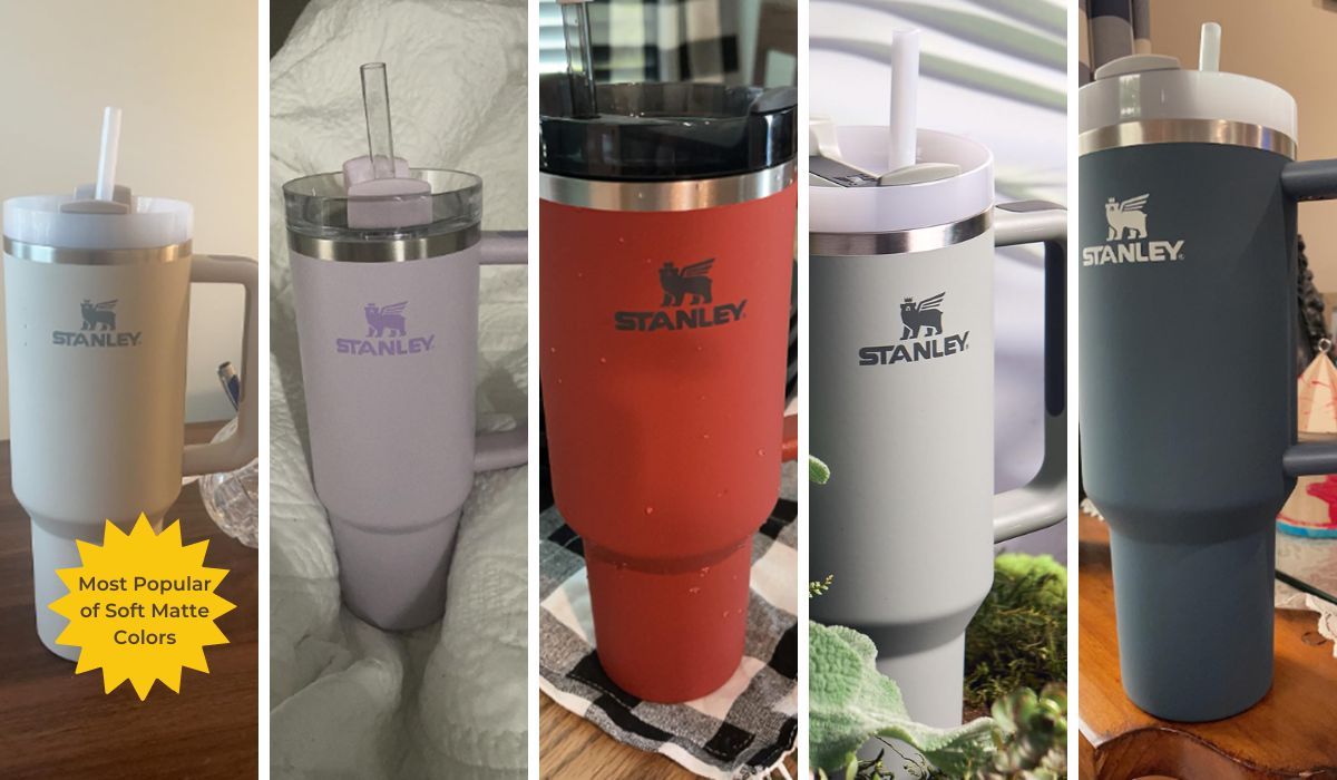 A Stanley Quencher tumbler with a FlowState lid and five soft matte colors