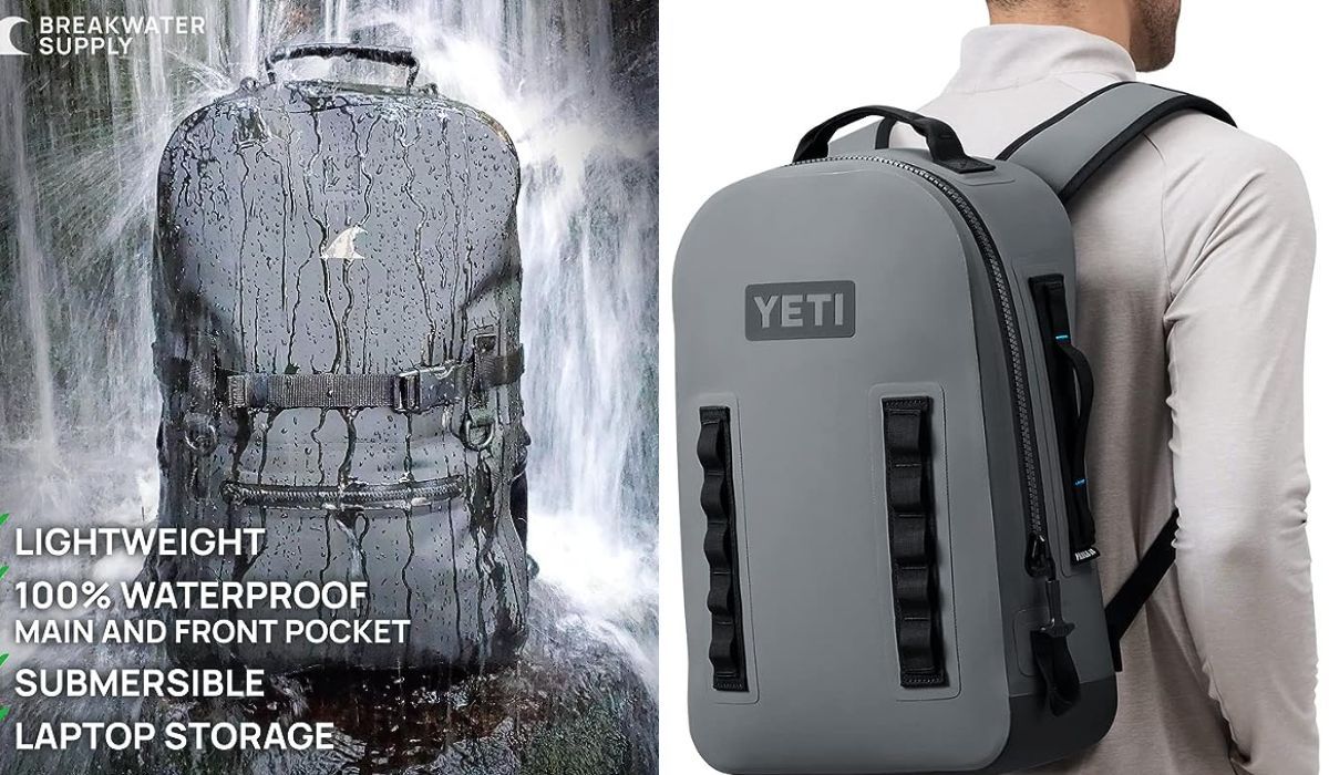 Two examples of waterproof submersible backpacks, including the YETI Brand backpack