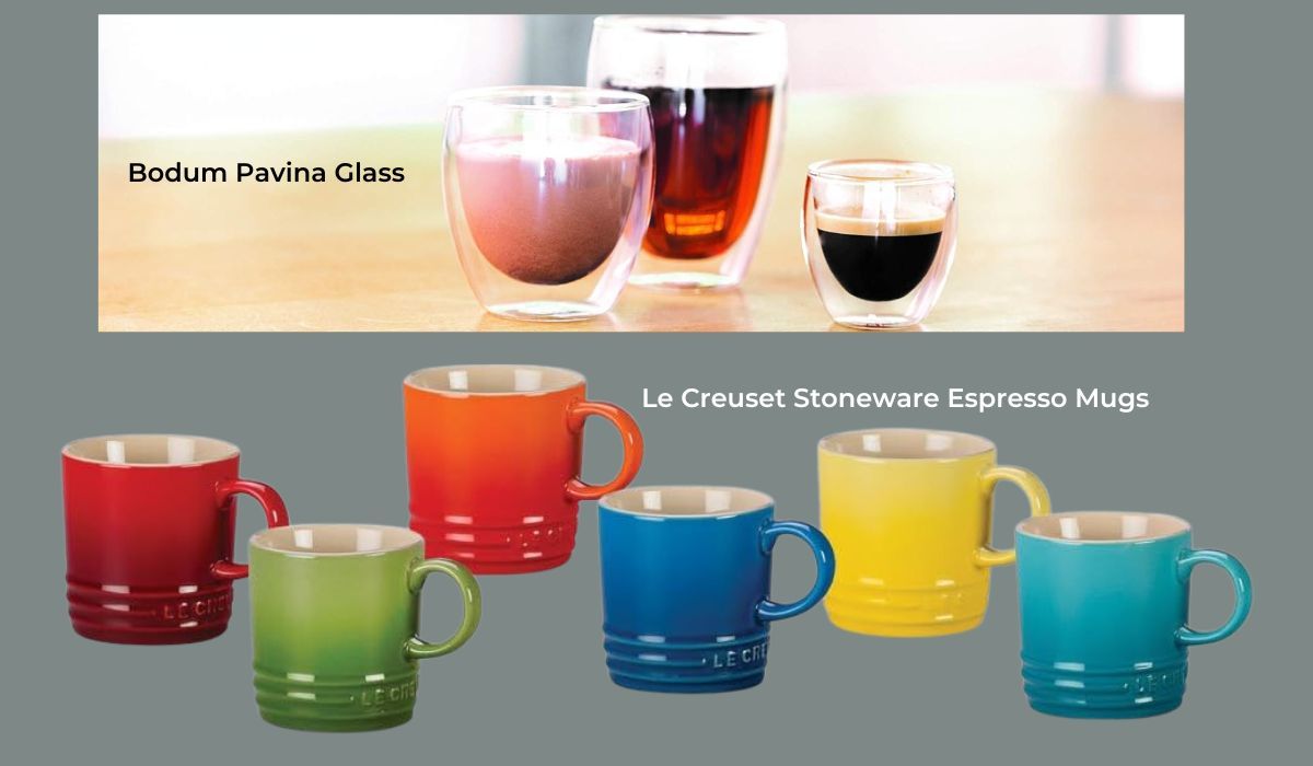 Two different styles of Espresso Coffee sets - one clear glass and one colorful ceramic