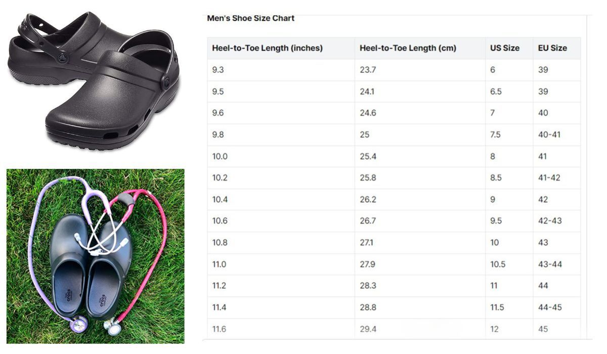 Mens Shoe Size Chart comparing heel to toe in inches and cm to US Size and EU Size