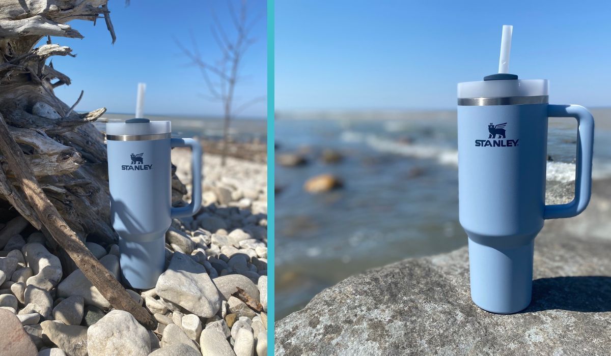 Two photos of Blue Stanley Cups they reduce waste and are great for outdoor use