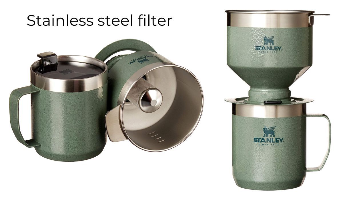 A reusable stainless steel filter and a camp mug of Stanley Pour Over Set