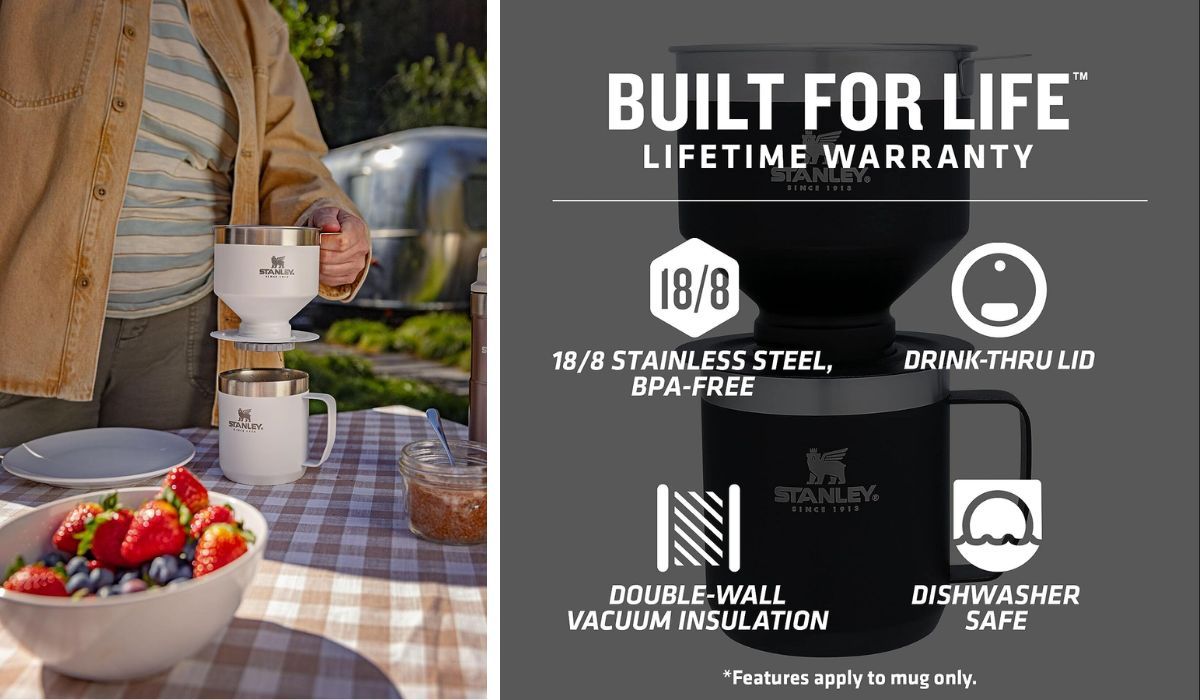 A stainless steel filter and a classic perfect brew pour of Stanley Pour Over Set Lifetime Warranty