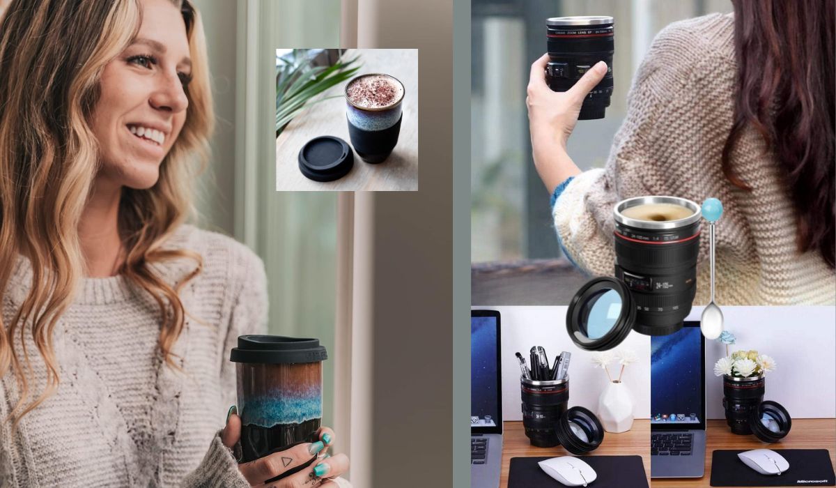 unique coffee mugs like reusable ceramic travel mug or mug in the shape of a camera lens