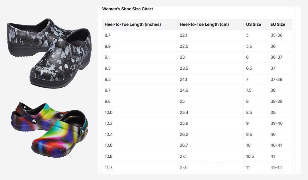Women's Shoe Size Chart measuring heel to toe length in inches and cm compared to US Size and EU Size