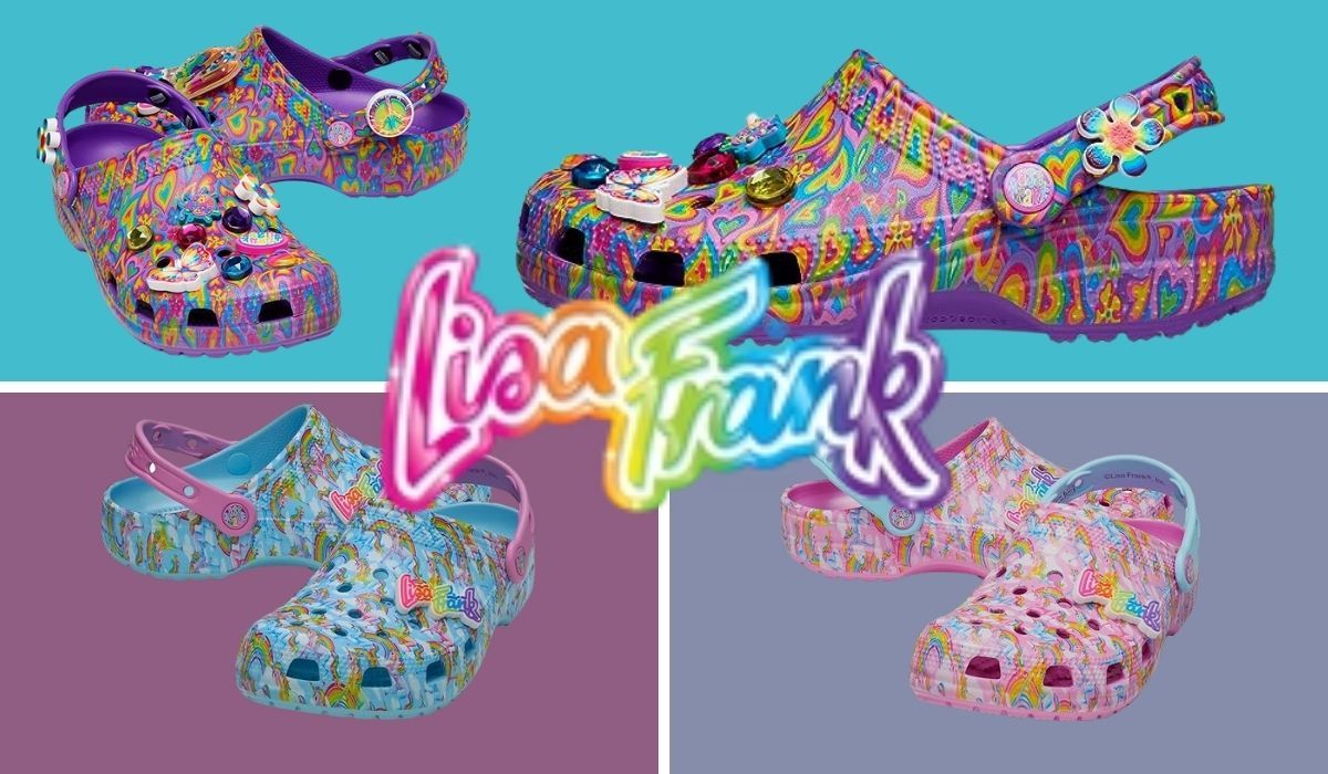 Three 'groovy' colorful designs of Lisa Frank Crocs available on Amazon