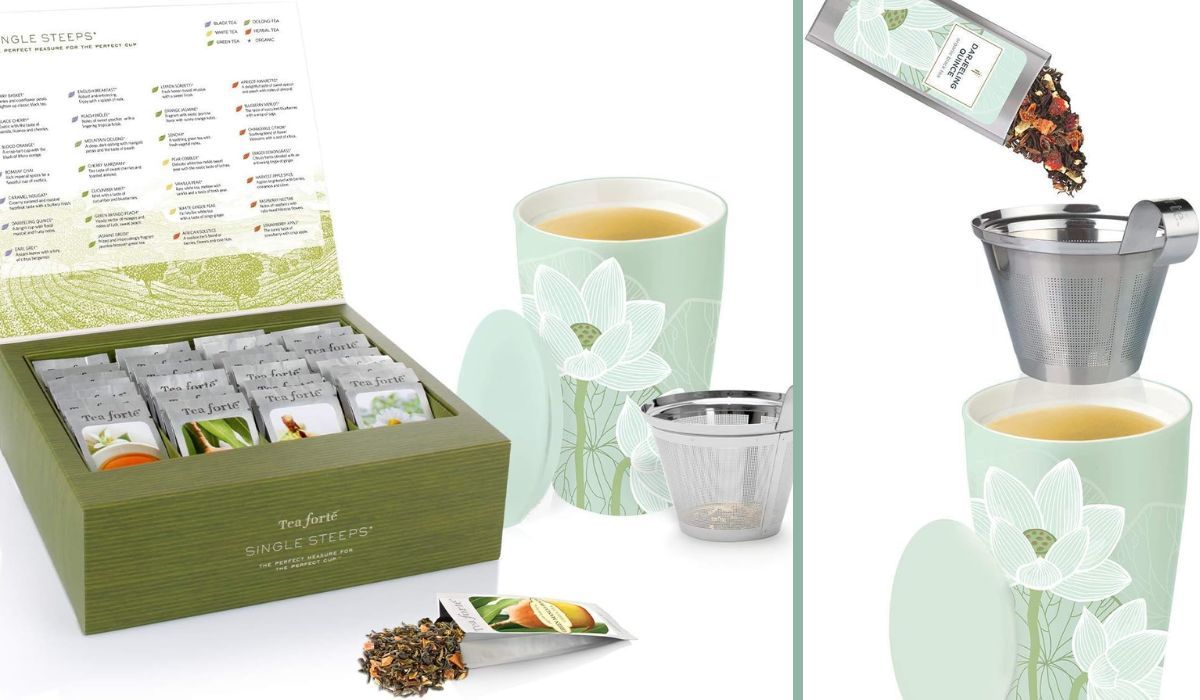 Tea Forte Lotus Kati Tea Infuser Cup + Single Steeps Tea Chest Loose Tea Sampler Bundle