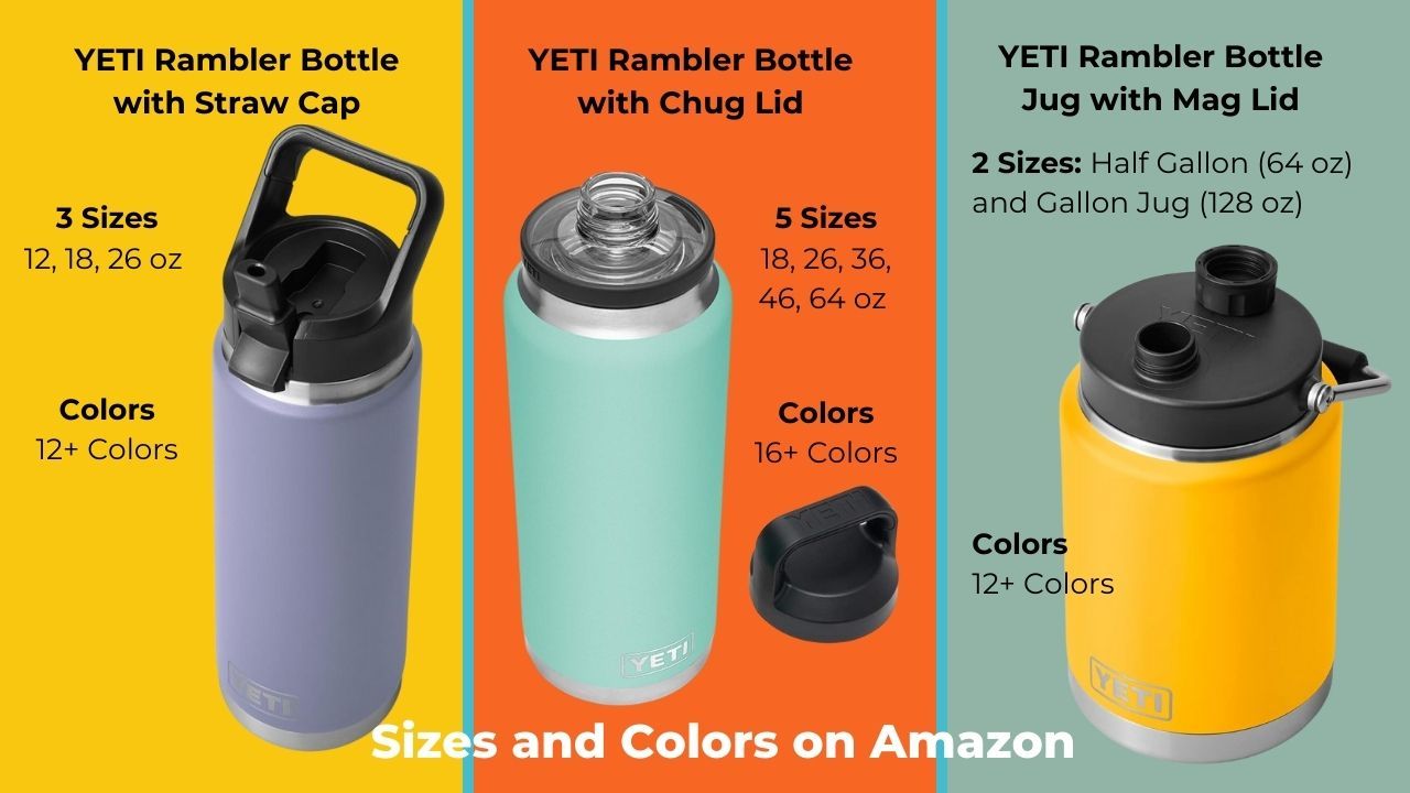 Yeti has 3 styles of lids for the Rambler Water Bottles. In total 7 different sizes of water bottles
