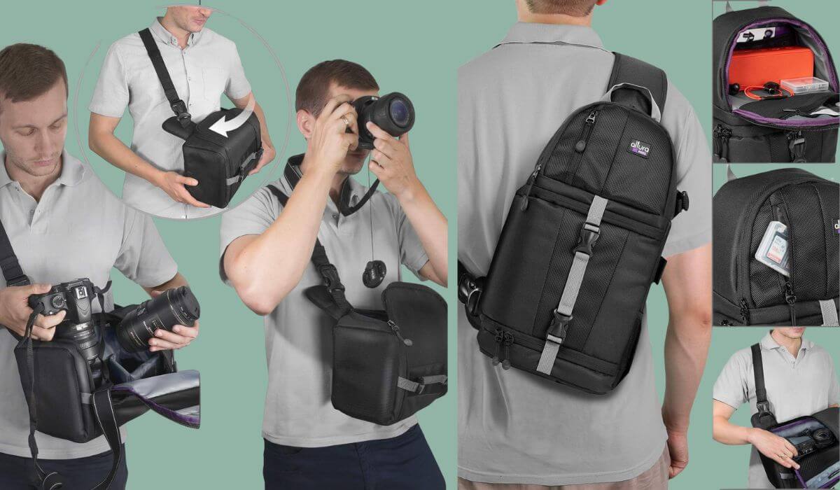 Altura 3 point camera sling bag being used by a photographer