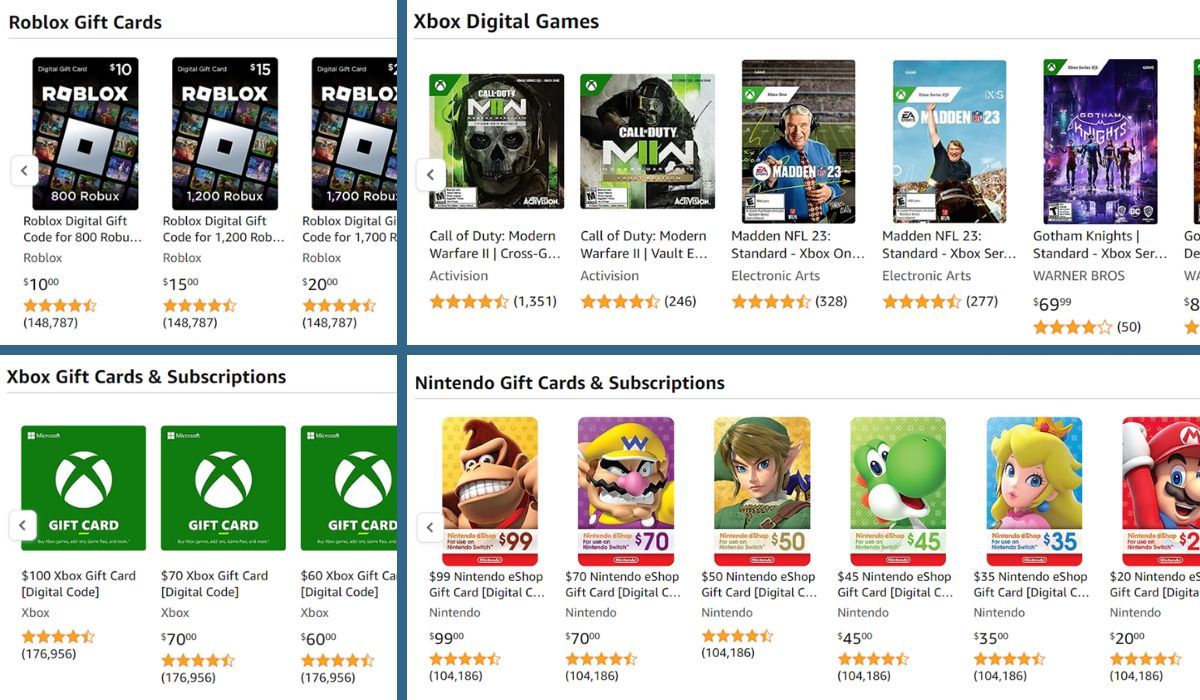 Video Games and Video Game Cards - all available on Amazon.