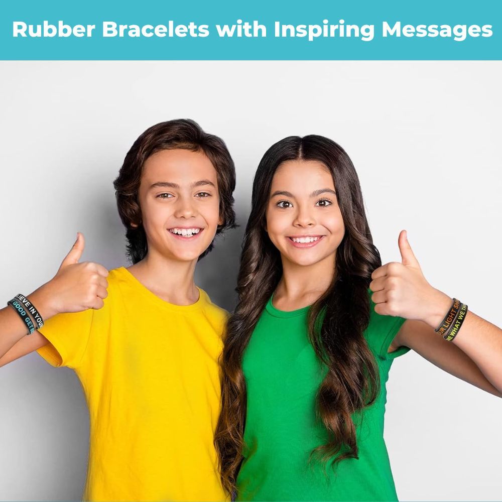 Rubber bracelets with inspiring messages - available in packages of 20, 60 or 80 bracelets.