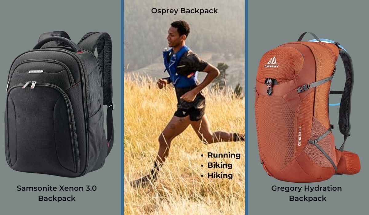 Men's Backpacks Samsonite (business), Osprey (running), Gregory (hiking hydration)
