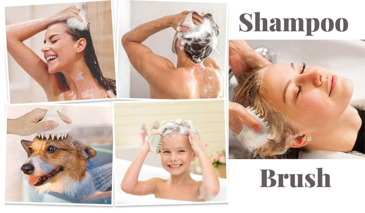A woman, a man, a child, and a dog all get invigorating head massage with a Shampoo Brush