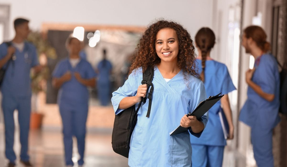 Nursing student with a backpack