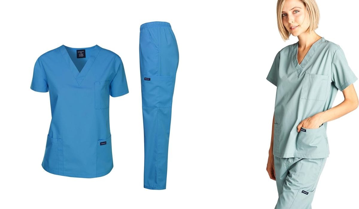 Dagacci brand of nursing scrubs in a variety of colors, patterns, keep an extra set in your backpack for nursing.