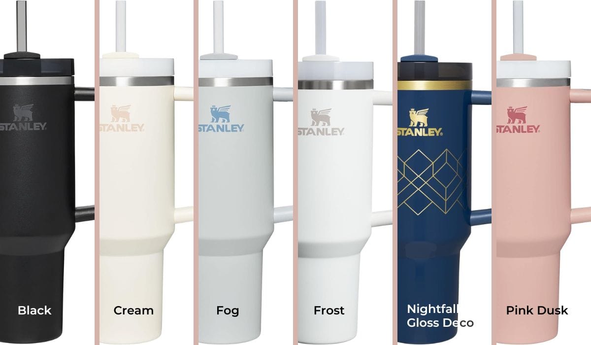 Six popular colors of the 40 oz Stanley Quencher H2.0