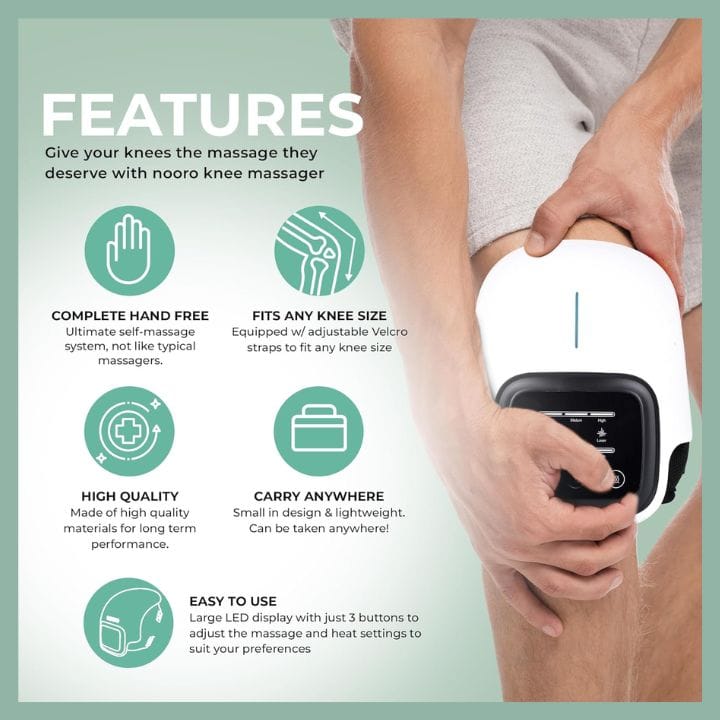 The features of the Nooro Knee Massager- hands free, fits any knee, quality materials, portable, large LED display makes it easy to use, rechargeable