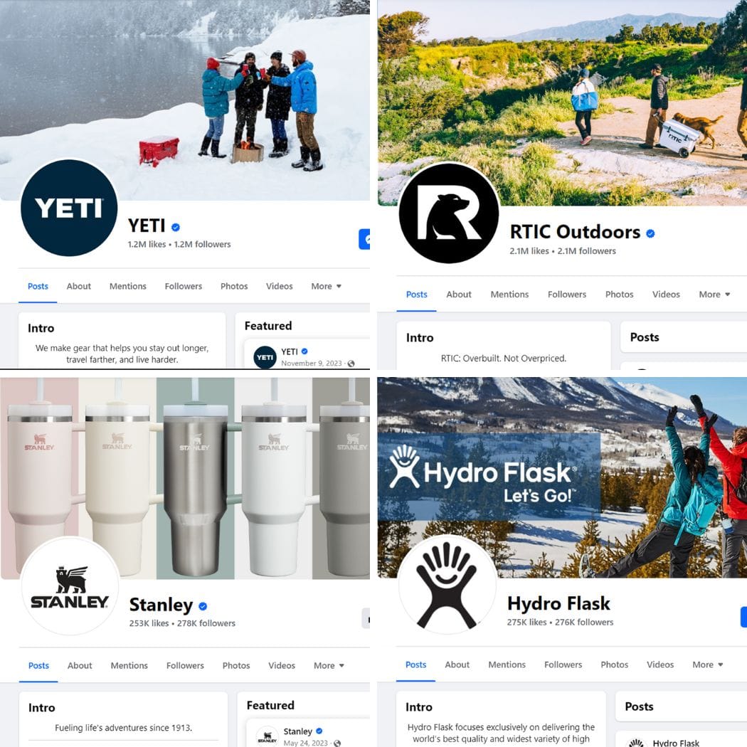 Facebook pages of Yeti, RTIC, Stanley and Hydro Flask
