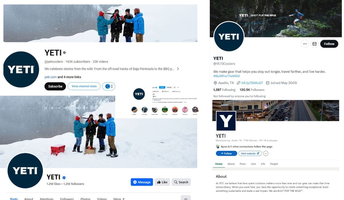 YETI Social Media Platforms YT, FB, IG, LI, X