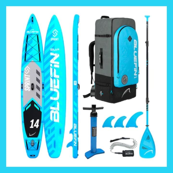 Bluefin Sprint SUP package is complete with backpack carry case, pump and paddle