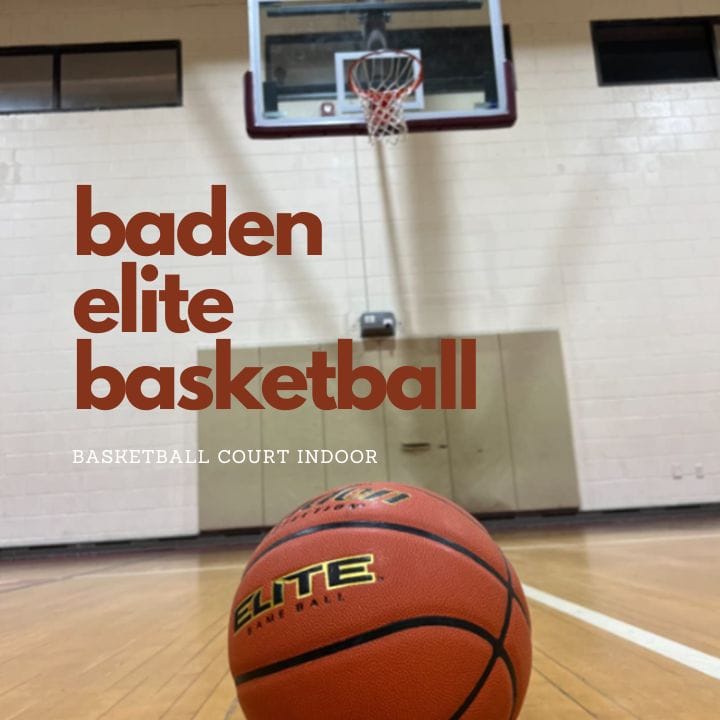 Baden Elite Basketball on a collegiate gym court floor.