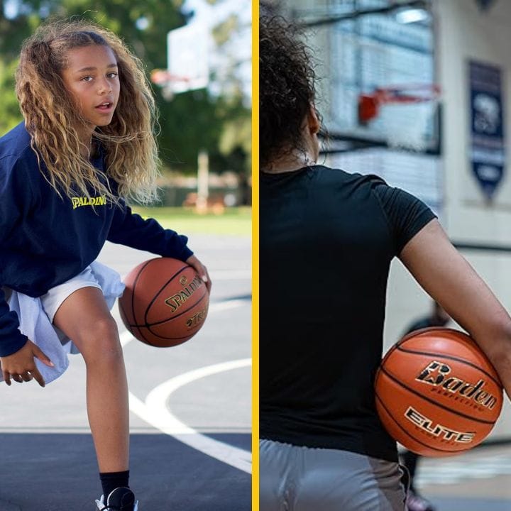 Young girl with outdoor basketball and young woman with indoor basketball