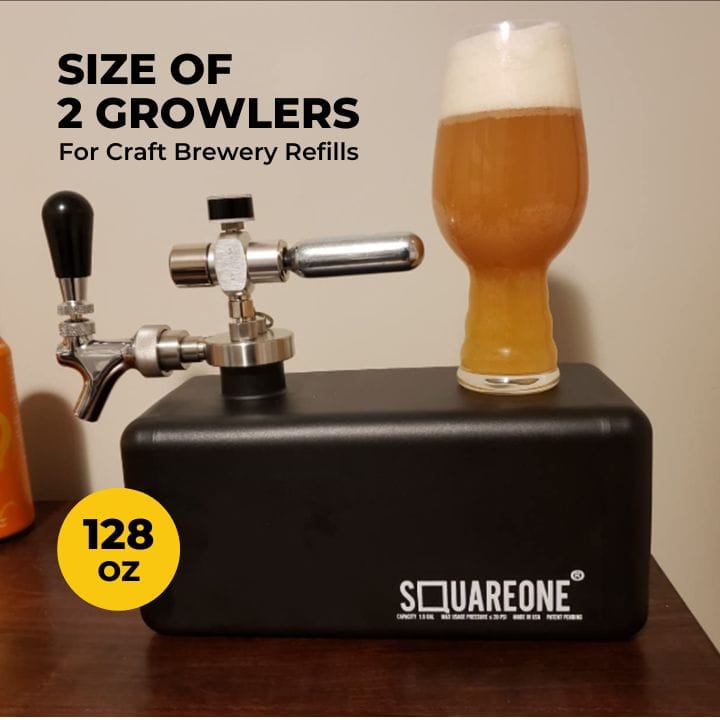 SquareOne Mini Keg holds the equivalent of two growlers total 128 ounces.