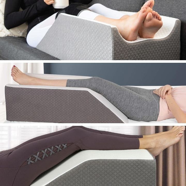 three different types of leg elevation pillows, flat top, single leg and double leg wedge pillows