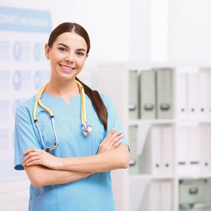 Nurse with backpack and stethoscope for nursing essentials