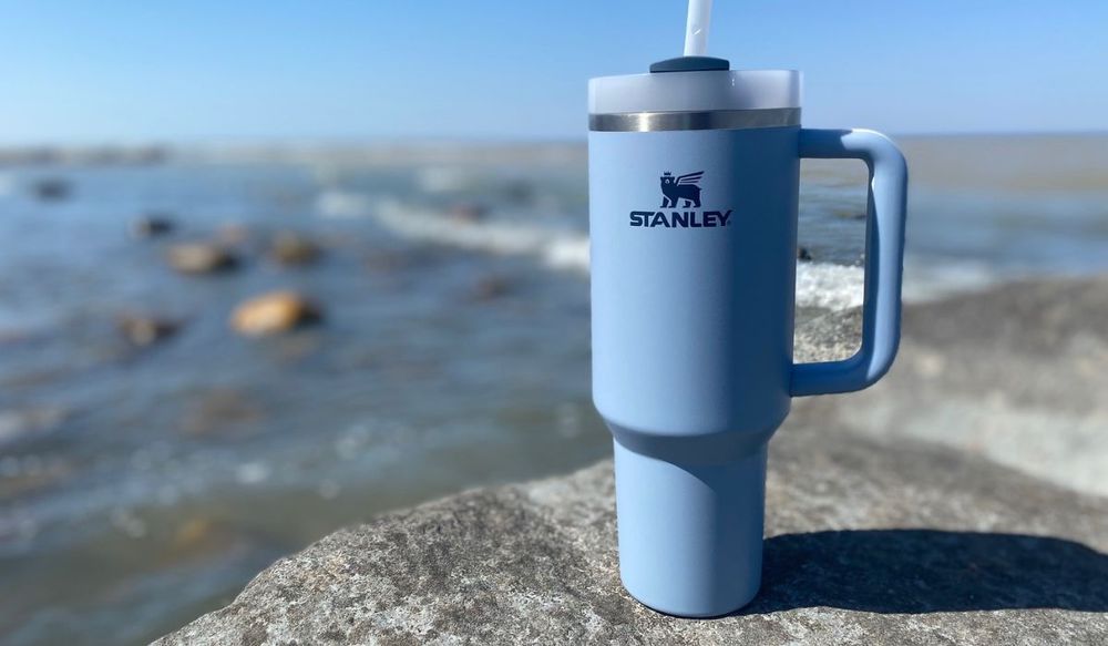 Blue Stanley Adventure Quencher on a rock at the lake
